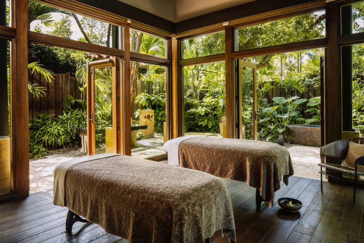 Massage tables in the open-air Spa Botánico, one of the best spas in Puerto Rico at Ritz-Carlton Dorado.