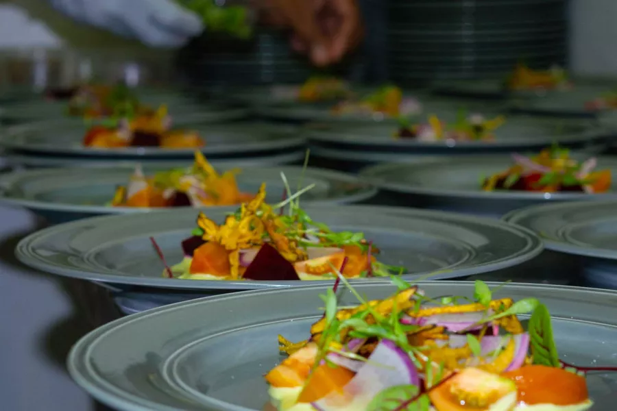 Primer plano de varios platos de ensalada, con la mano de una persona aplicando condimentos.