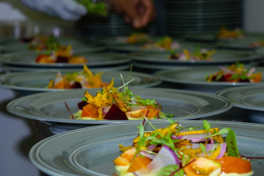 Close up of several plates of salad served at Frutos del Guacabo, a farm-to-table restaurant in Puerto Rico.