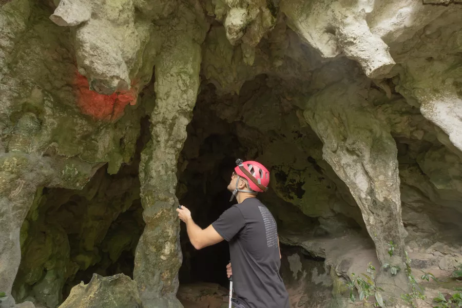 A person observing stalactites at the Cabachuelas Natural Reserves in Morovis, Puerto Rico.