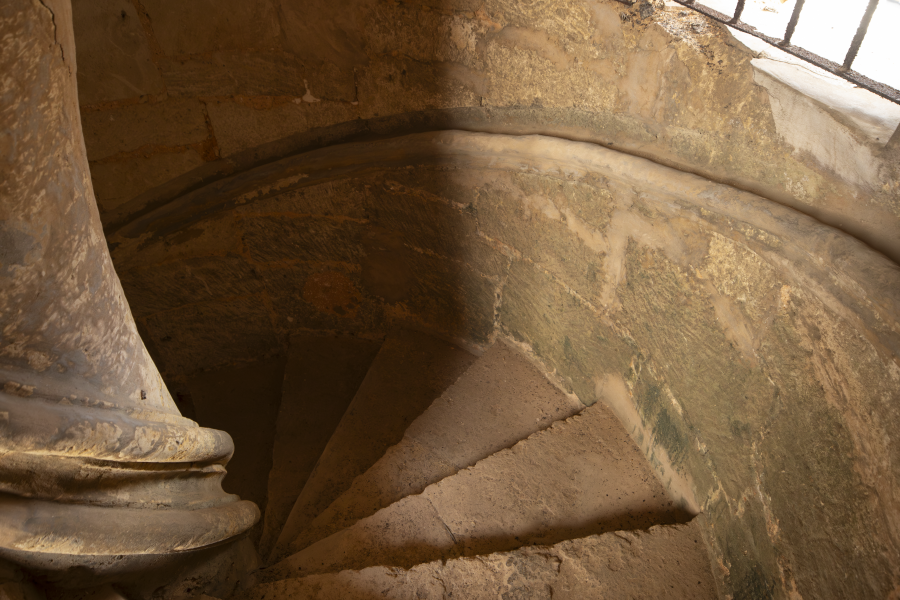 A spiral cobblestone staircase in the Catedral de San Juan in Old San Juan, Puerto Rico.