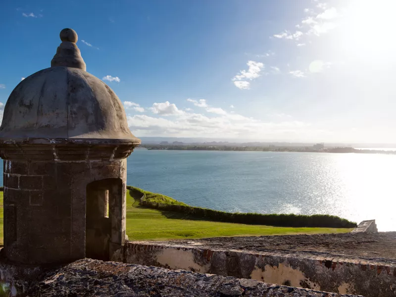 View of a garita and the ocean from El Morro, in Old San Juan.
