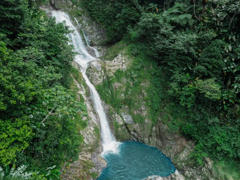 Aerial view of a beautiful waterfall in Ciales, Puerto Rico.