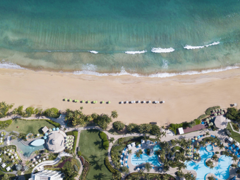 An aerial image of the Wyndham Grand Rio Mar Rainforest Beach and Golf Resort in Río Grande, Puerto Rico.